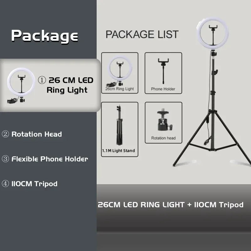 10 Inch LED Ring Light with Tripod for Professional Video Streaming 10in Ring BK110cm Tidesmit