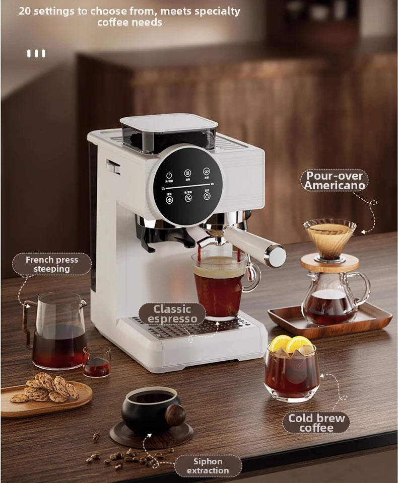 White multi-function espresso machine with 20 grind settings, digital touchscreen, and manual portafilter.