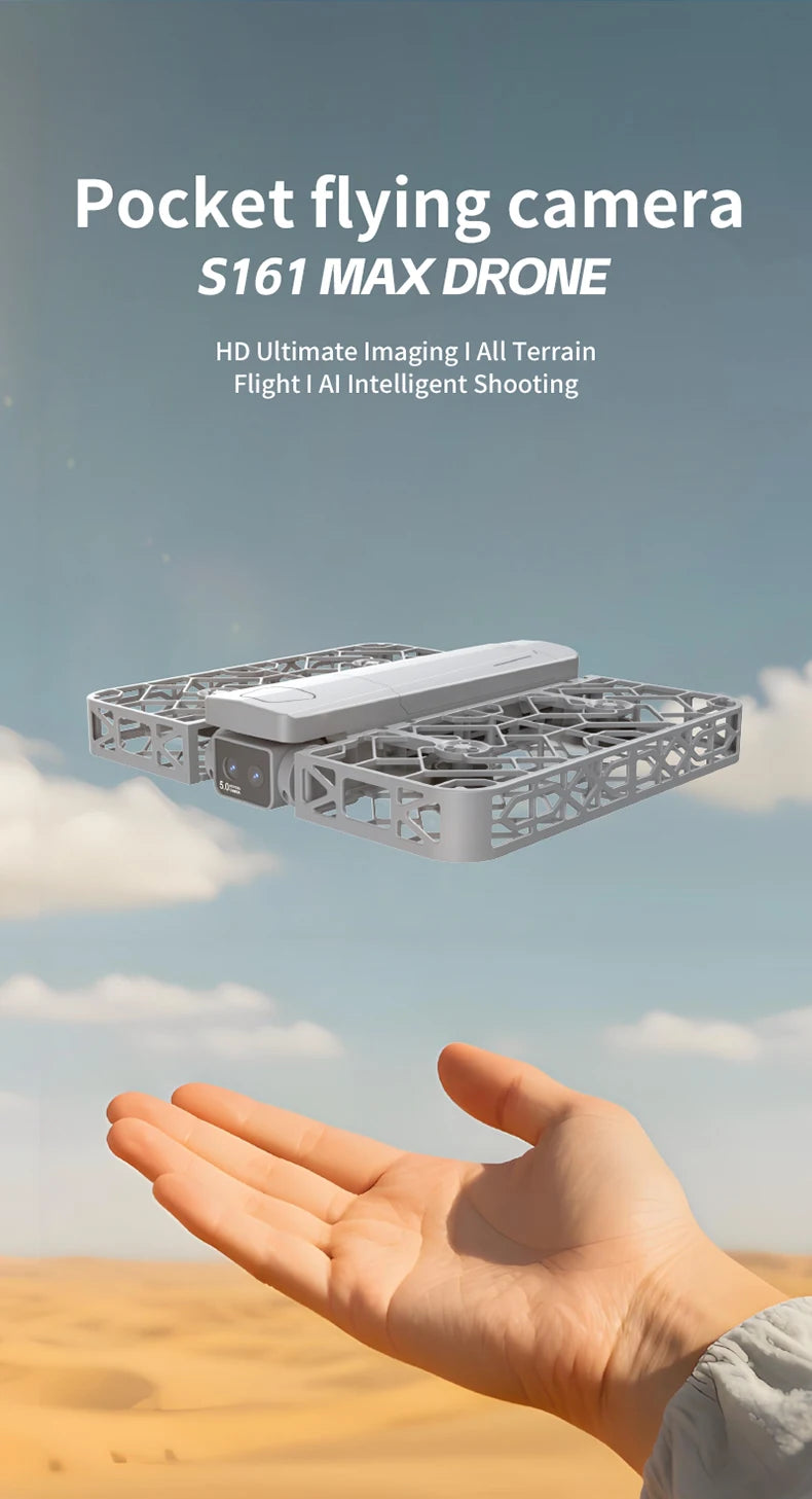 S161 Max grey compact square folding drone with protective propeller cages, hovering above an open palm for photography.