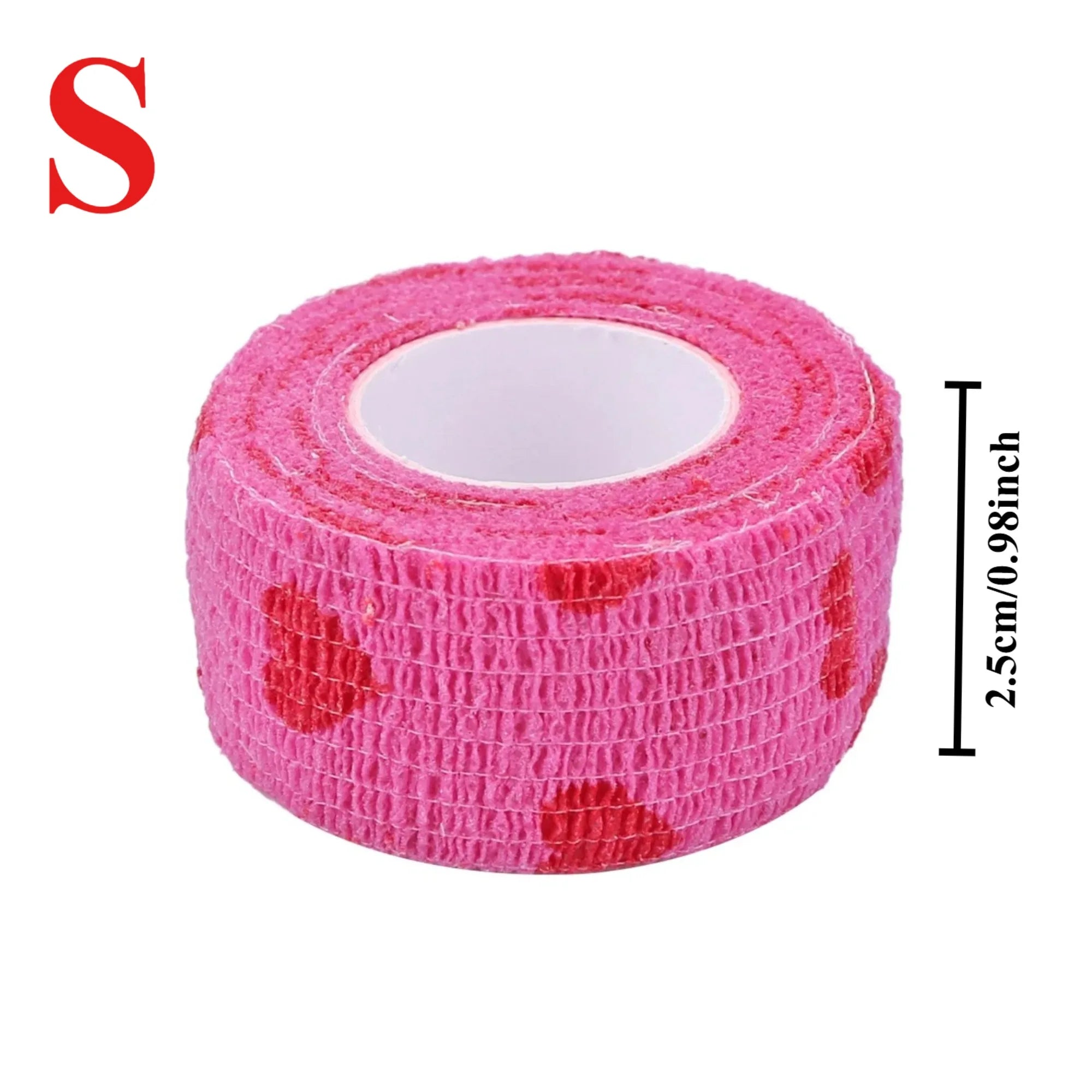 Pink heart-print self-adherent pet bandage, 2.5cm breathable non-woven vet wrap for dog and cat wound care.