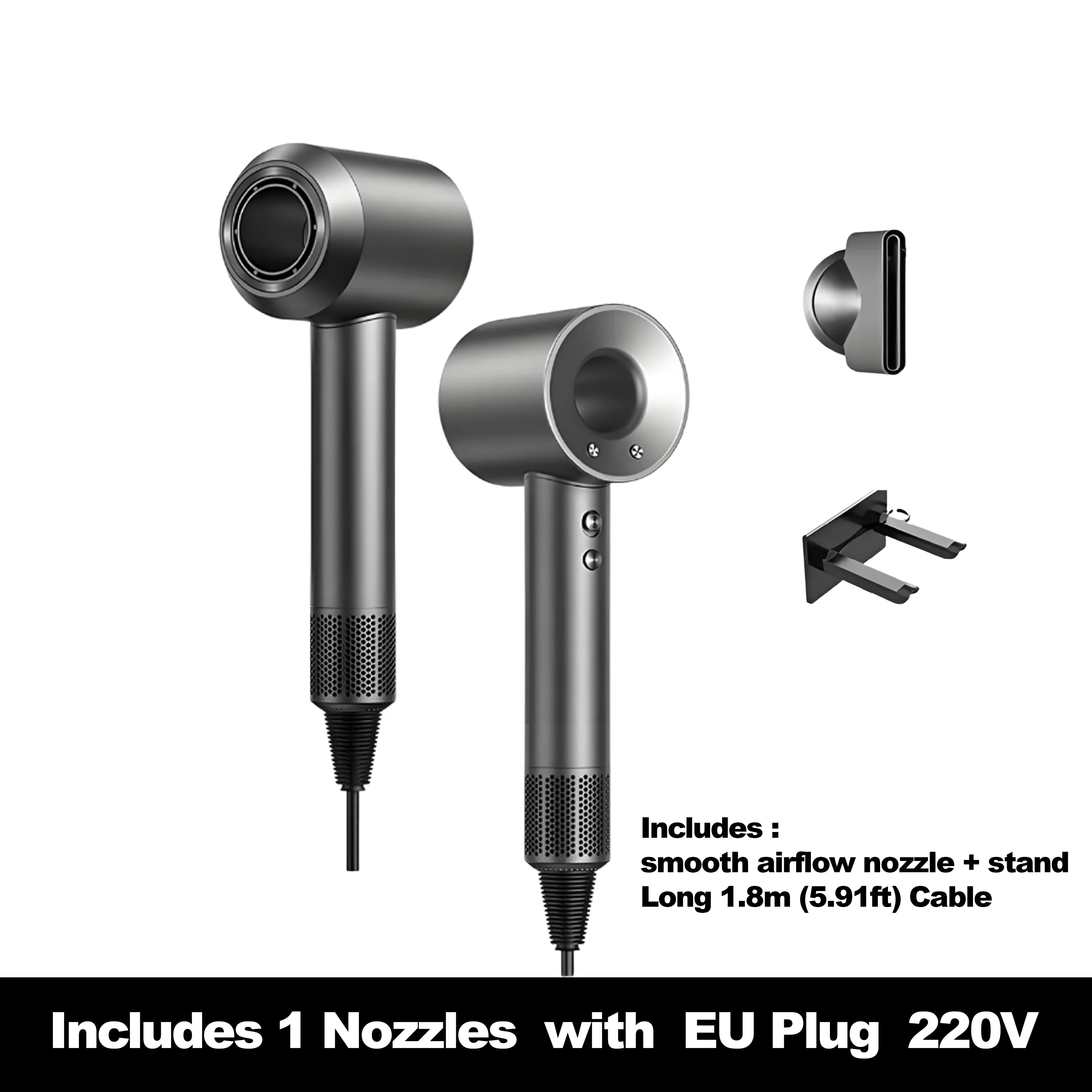 Grey high-speed ionic hair dryer with nozzle attachment, wall stand, and long cord for professional salon-style drying.