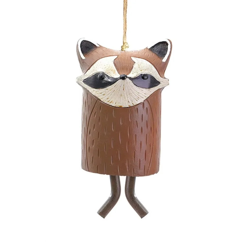 Cute brown raccoon resin wind chime for rustic outdoor garden decor and animal-themed home gift.
