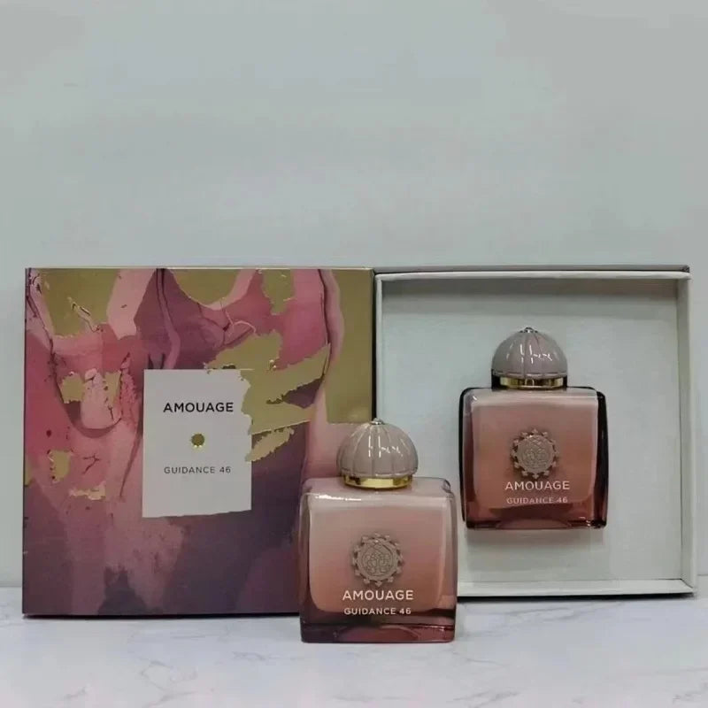 Amouage Guidance 46 unisex EDP: Luxury woody oriental perfume in a square glass bottle with a dome cap and gift box.