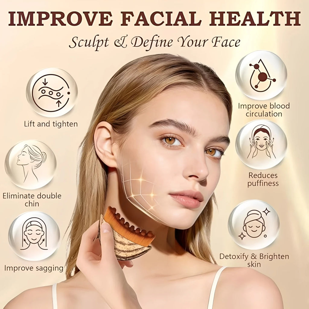 A person uses a curved, brown and tan ergonomic lymphatic contour face brush on their jawline. Infographic overlay.