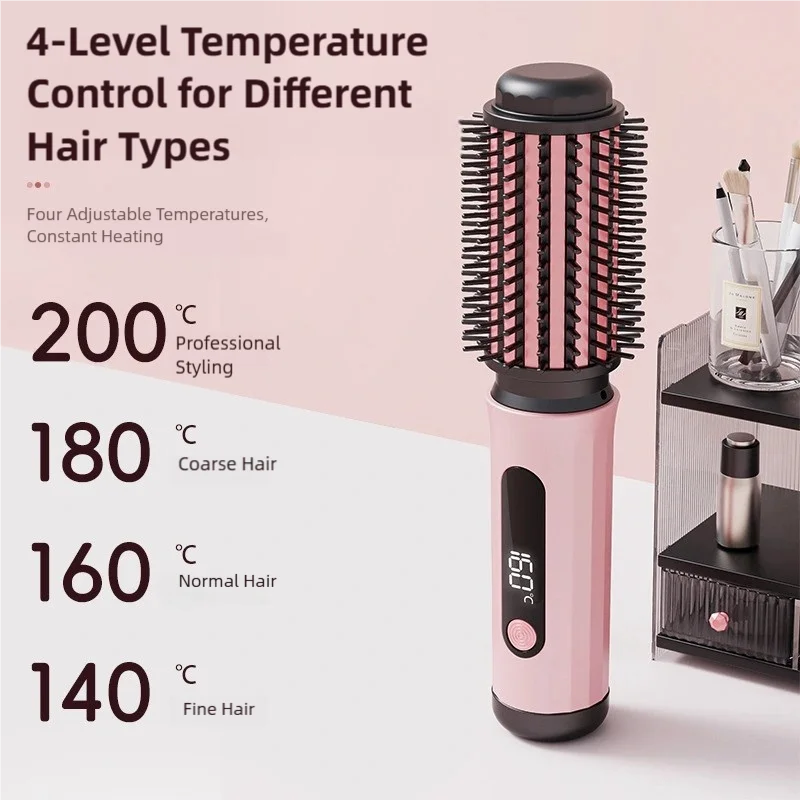 TINSOL pink negative ion hot air brush with 4-level temp control, digital display, and professional styling barrel.