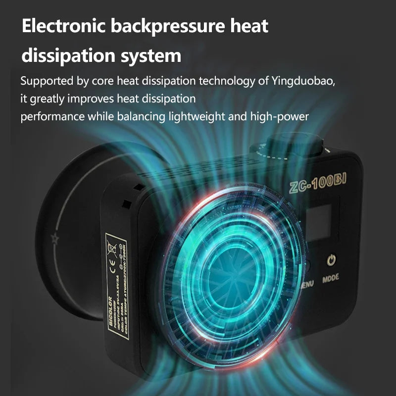 Black rectangular ZC-100BI LED video light with a built-in cooling fan, showing thermal airflow effects.