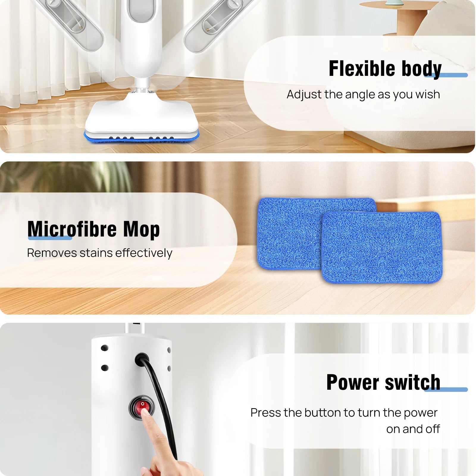 Tidesmit DayPlus 1500W steam mop showing detachable handheld steam cleaner and two washable microfiber cleaning pads