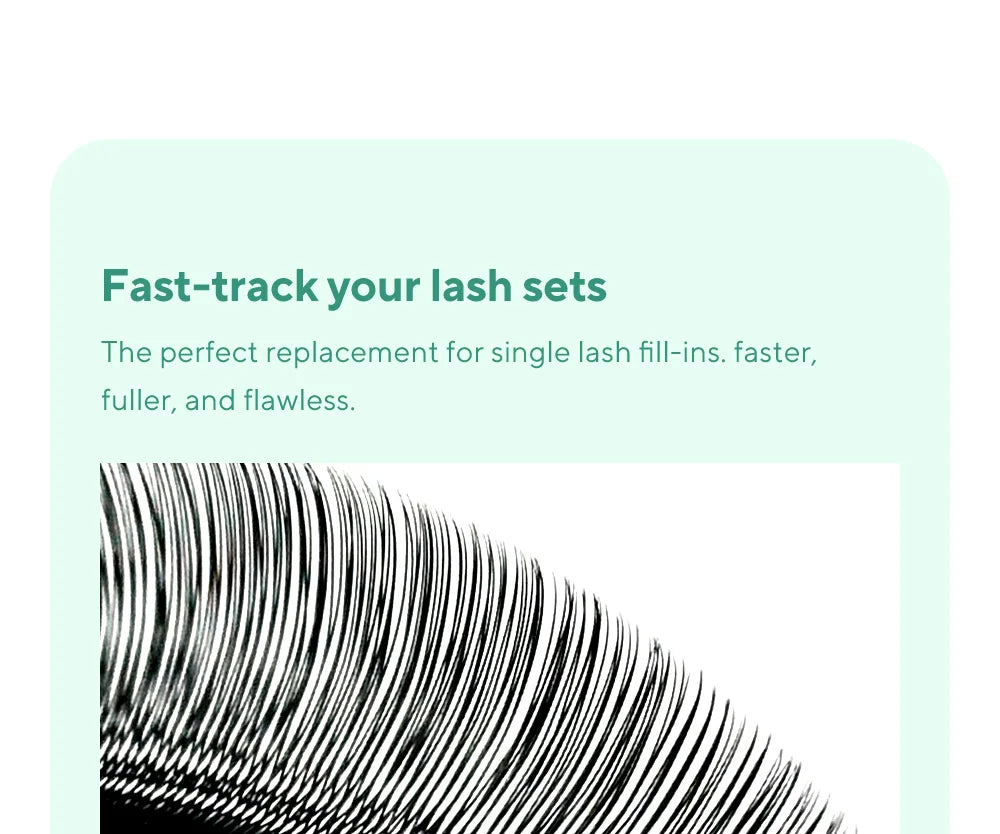 Close-up of fluffy black U-shaped premade fan eyelash extensions arranged in a dense, curved row.