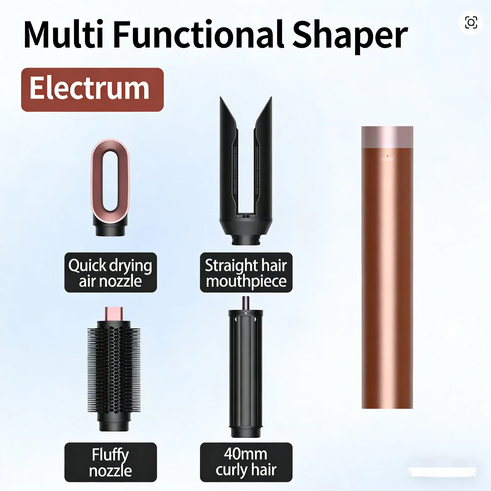 SenCiciMen 6-in-1 bronze hair styler set with dryer nozzle, curling barrel, and volumizing brushes for styling.