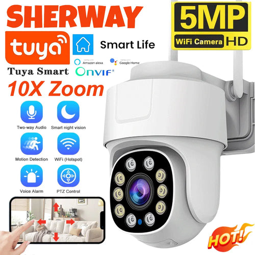 White PTZ Wi‑Fi security camera with dual antennas and 5MP lens view