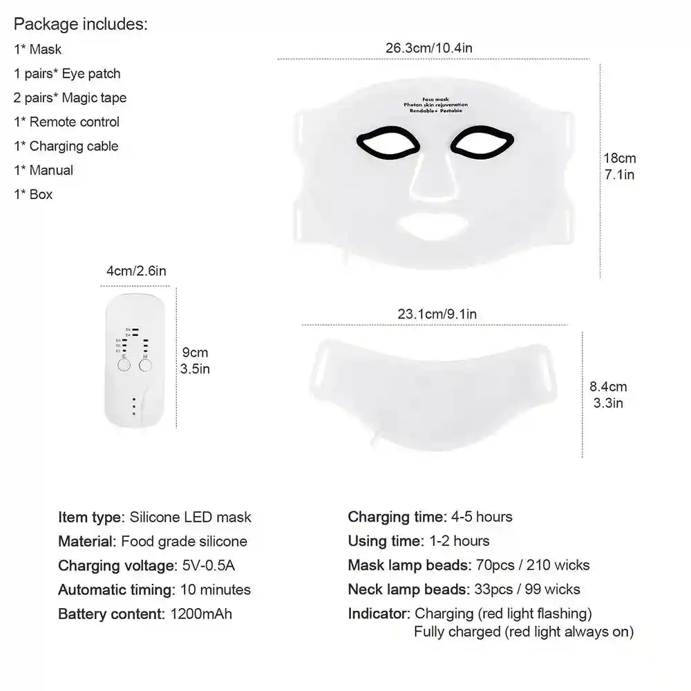 Technical diagram of a white silicone LED face and neck mask with remote control, showing dimensions and specifications.