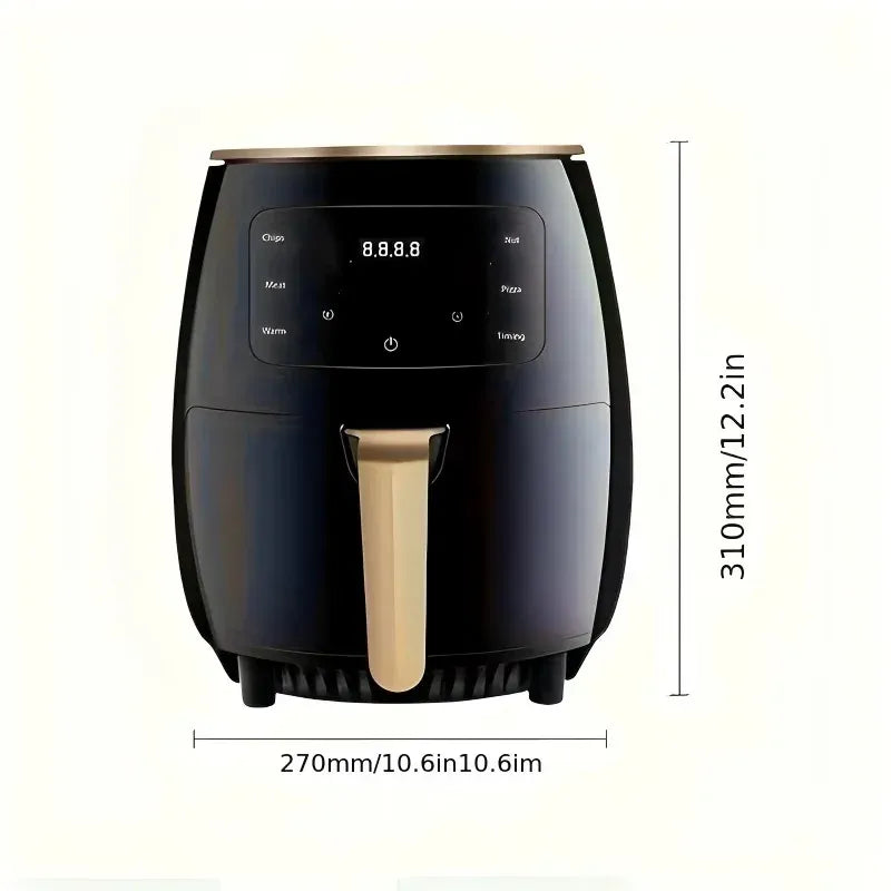 Black air fryer front view with cream handle and control panel, size indicated