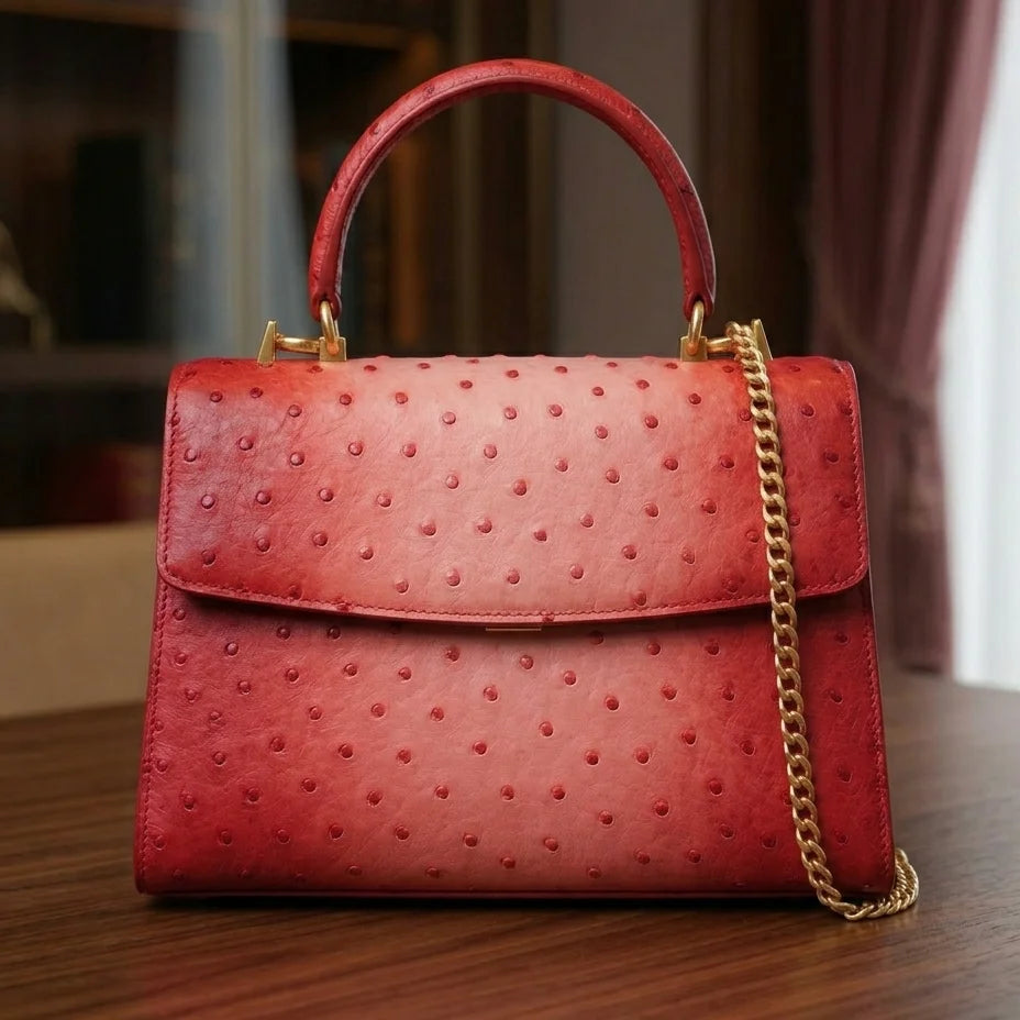 Red ostrich-embossed genuine leather designer handbag with a gold chain strap, top handle, and vintage flap silhouette.