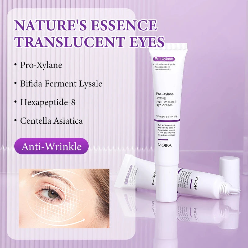 White tube of Moika anti-wrinkle eye cream with Pro-Xylane, shown against a purple background for under-eye care.
