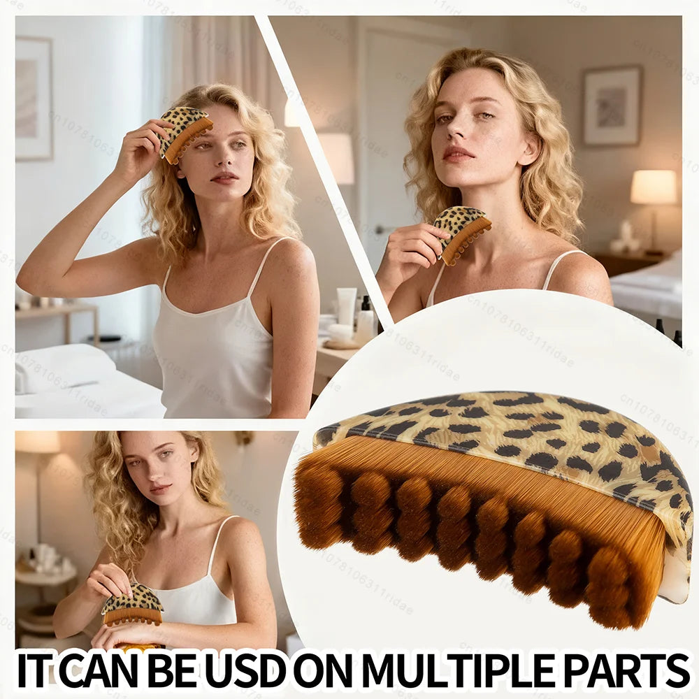 A woman using a handheld, leopard-print lymphatic massage brush with brown bristles on her face, neck, and arm.
