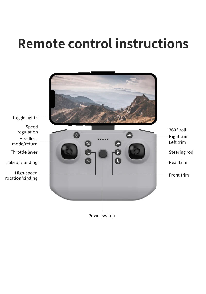 Gray drone remote controller with a smartphone mount and labeled buttons for flight functions and navigation.