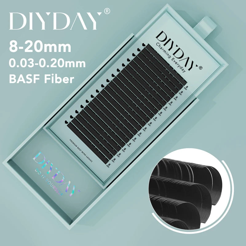 DIYDAY 16-row black individual mink lash extension tray with BASF fiber, featured in a light blue case.