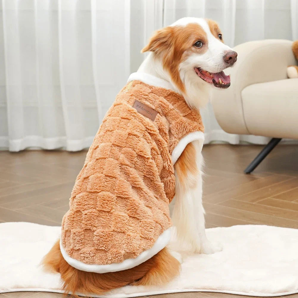 Warm brown fleece winter dog sweater vest for large dogs, perfect for cozy outdoor comfort.