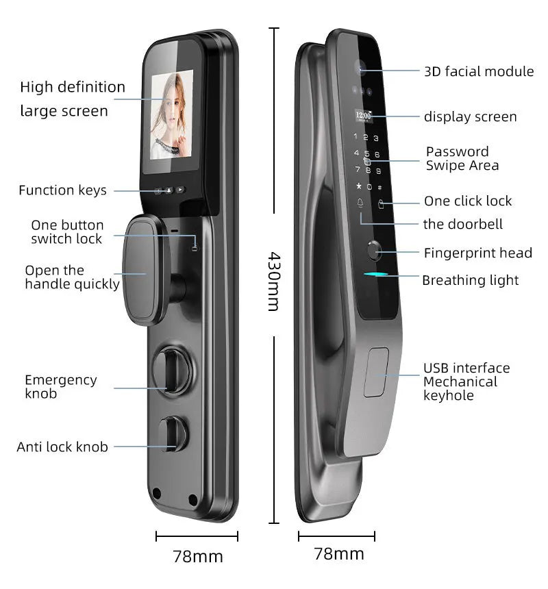 New RAYKUBE X50 Tuya WiFi 3D Face Recognition Digital Fingerprint Door Lock With WiFi Camera Remote APP Video Call 10-language