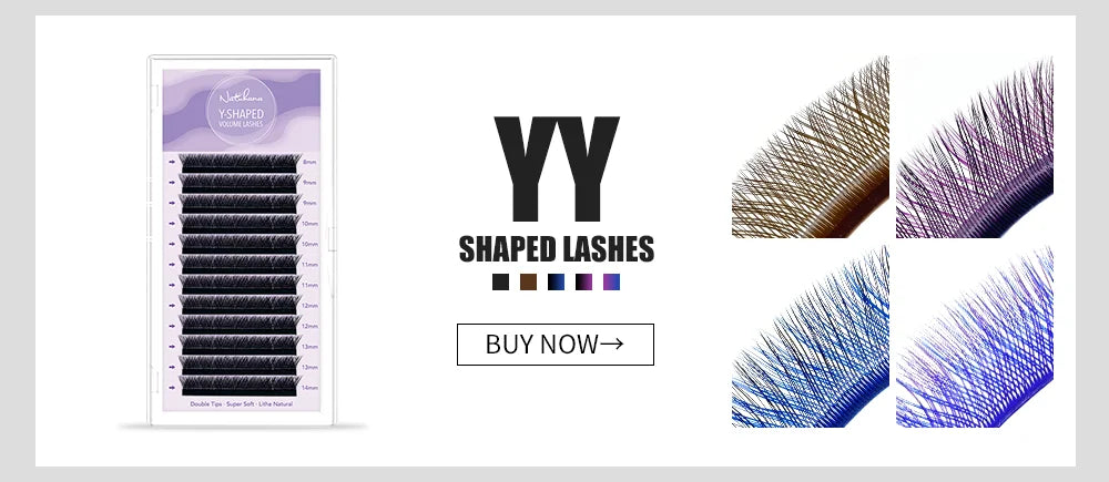 YY-shaped volume lash extensions in a tray, featuring various colors and lengths for a full, rapid volume style.