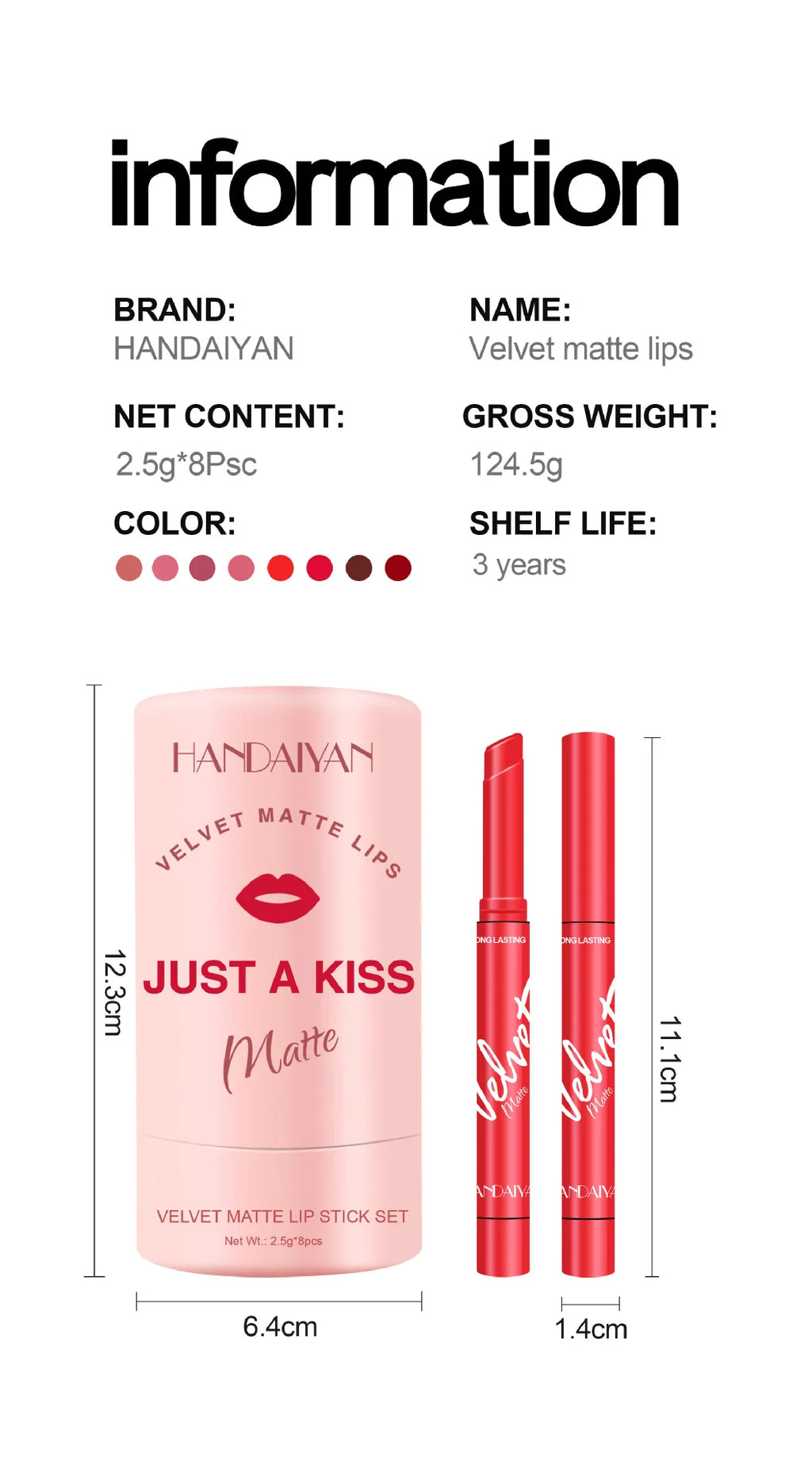 8-piece HANDAIYAN velvet matte lipstick set in pink gift tube with long-lasting red and neutral pigment shades.
