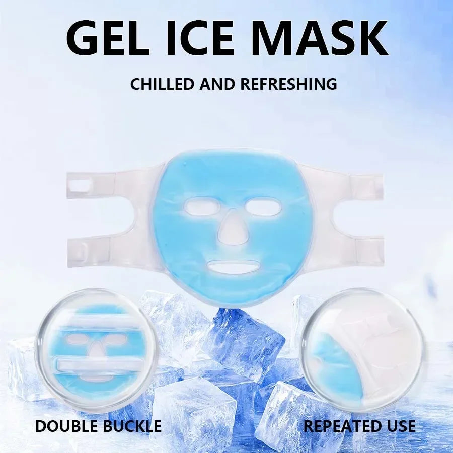 A blue gel face mask with clear straps, shown against ice cubes with callouts for the double buckle and reusable design.