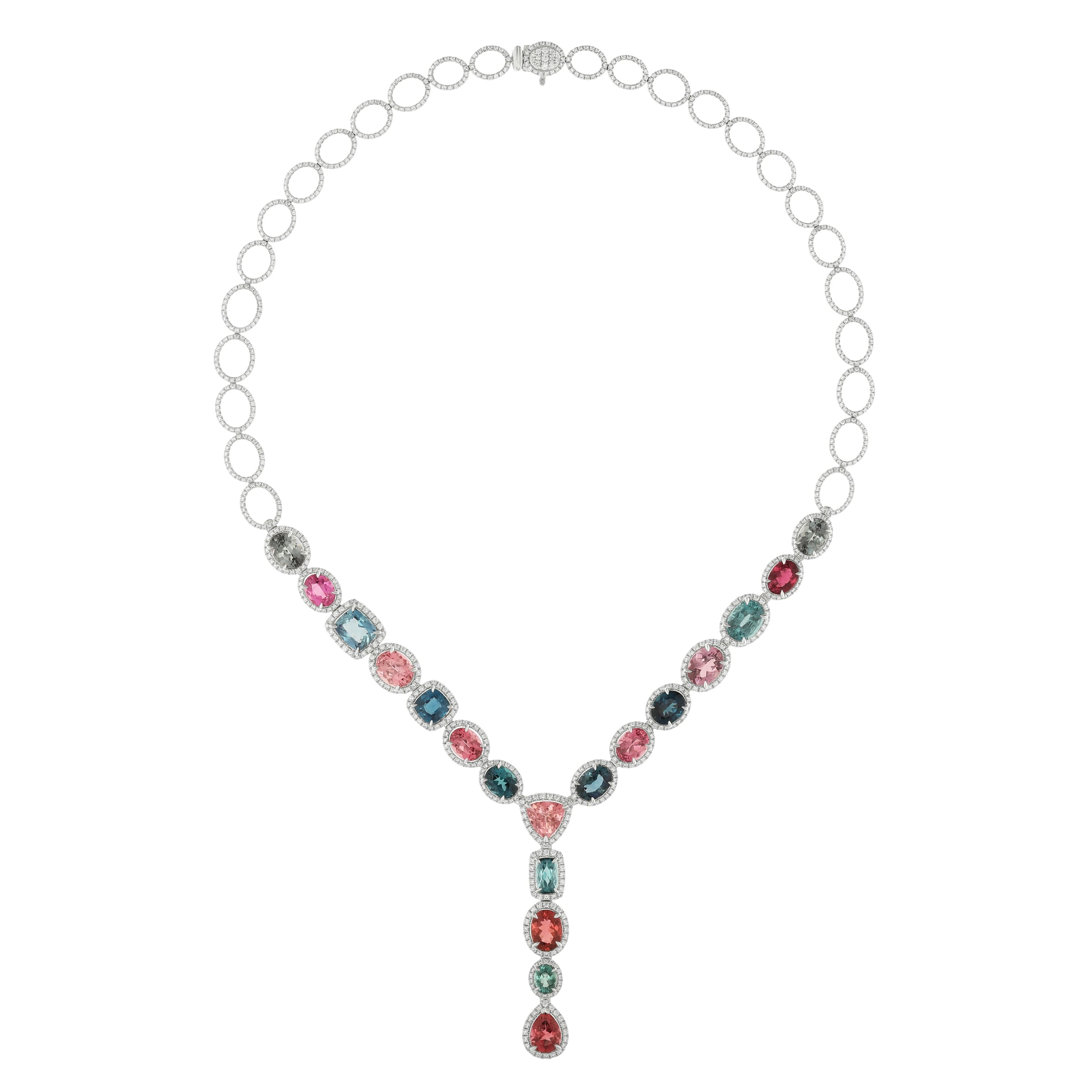 Luxury Women's 18K Solid Gold Pendant Necklace With Multicolor Gemstones Bezel Set Oval Link Chain Wedding Jewelry