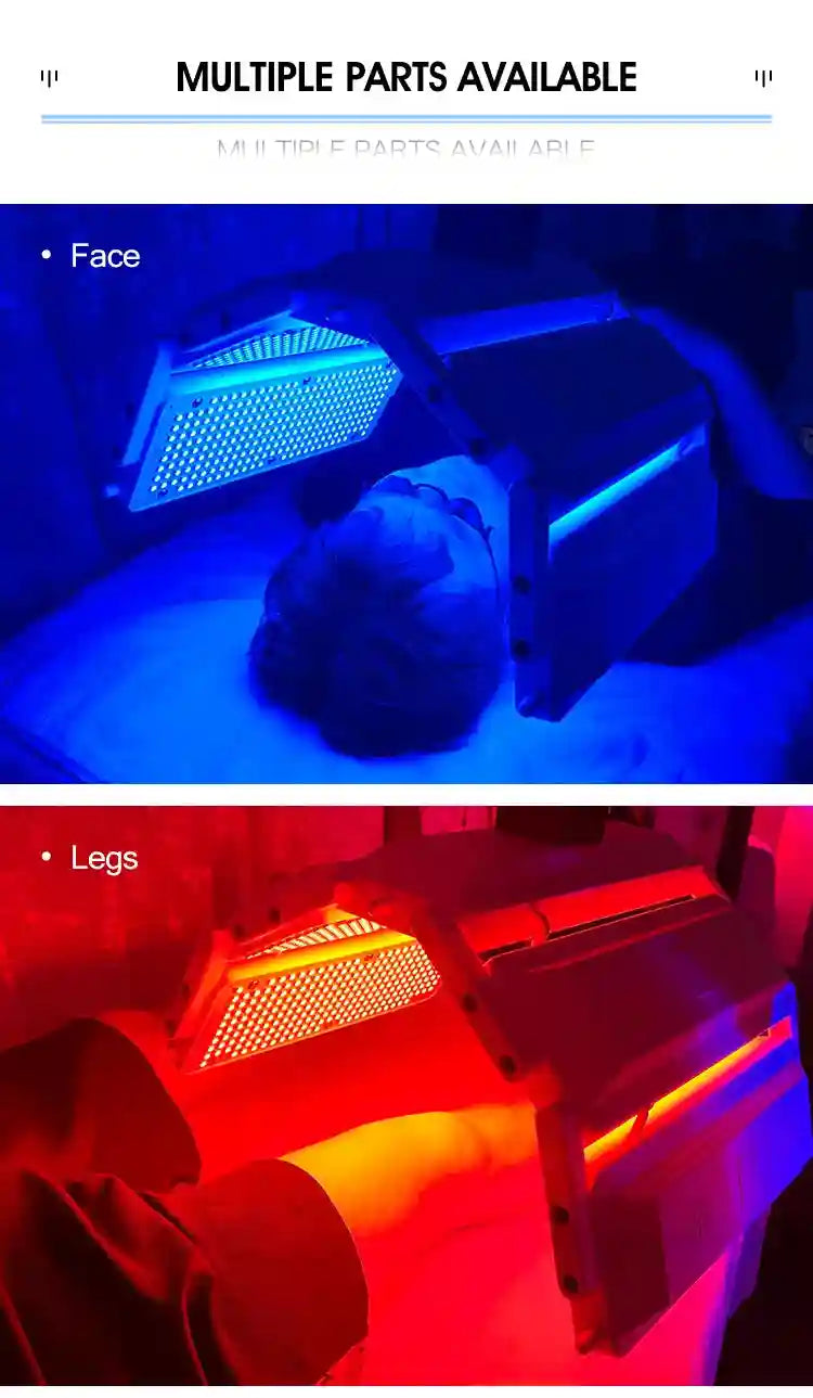 7-color LED therapy machine for face and body, featuring red and blue light panels for home anti-aging treatment.