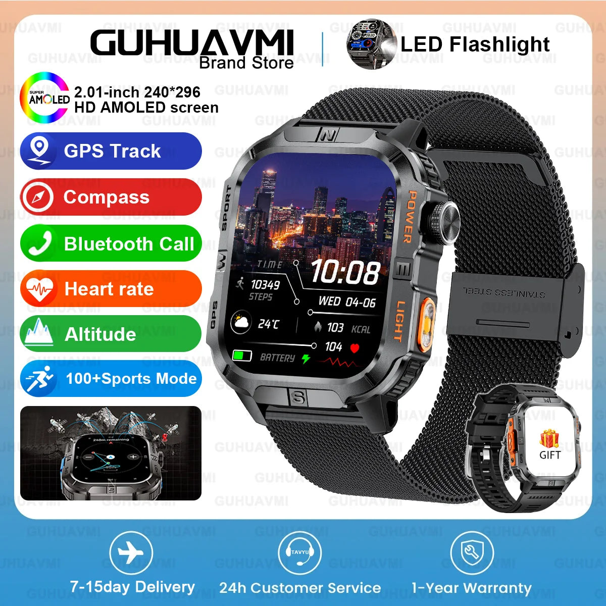 2026New Outdoor Military Men's Smartwatch, Equipped With GPS LED Lighting, Compass, Wireless Communication IP68 Waterproof Watch