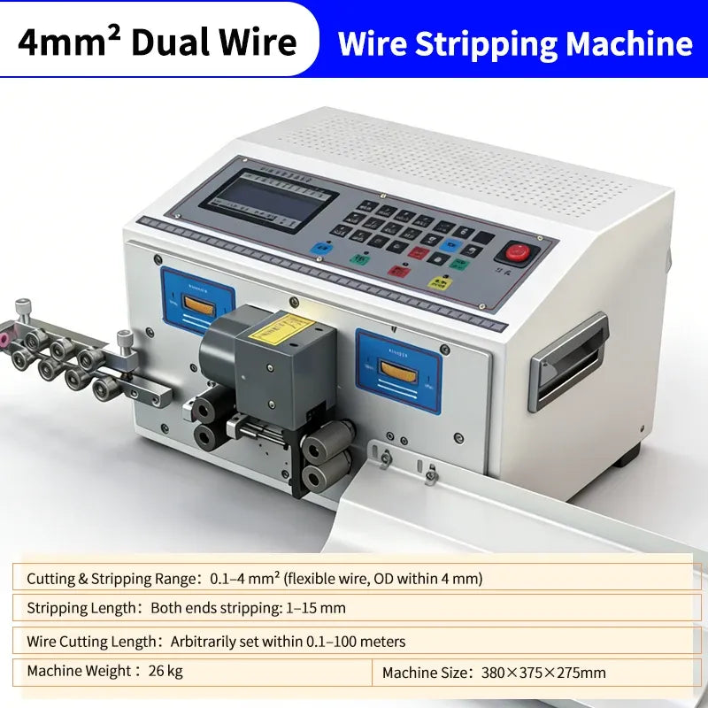 4mm² dual-wire cable stripping machine with control panel, cutting head, and cable feed slot