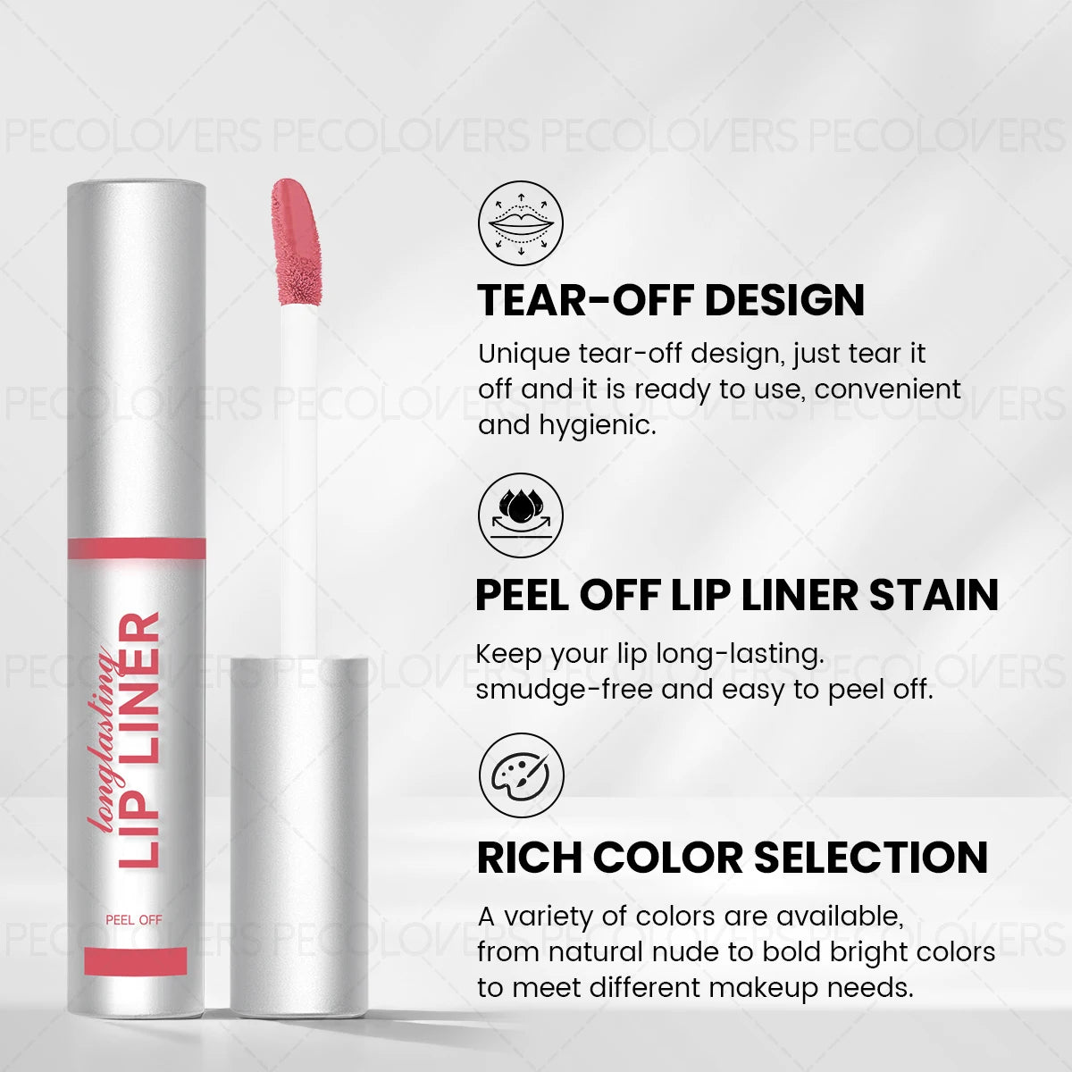 Waterproof tear-off lip liner stain in silver tube with pink applicator, for long-lasting matte lip makeup.