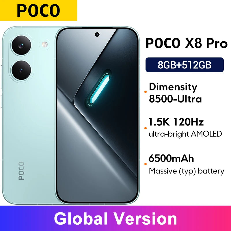 POCO X8 Pro light blue smartphone, 1.5K 120Hz AMOLED, Dimensity 8500-Ultra, 6500mAh battery, dual-view product render.
