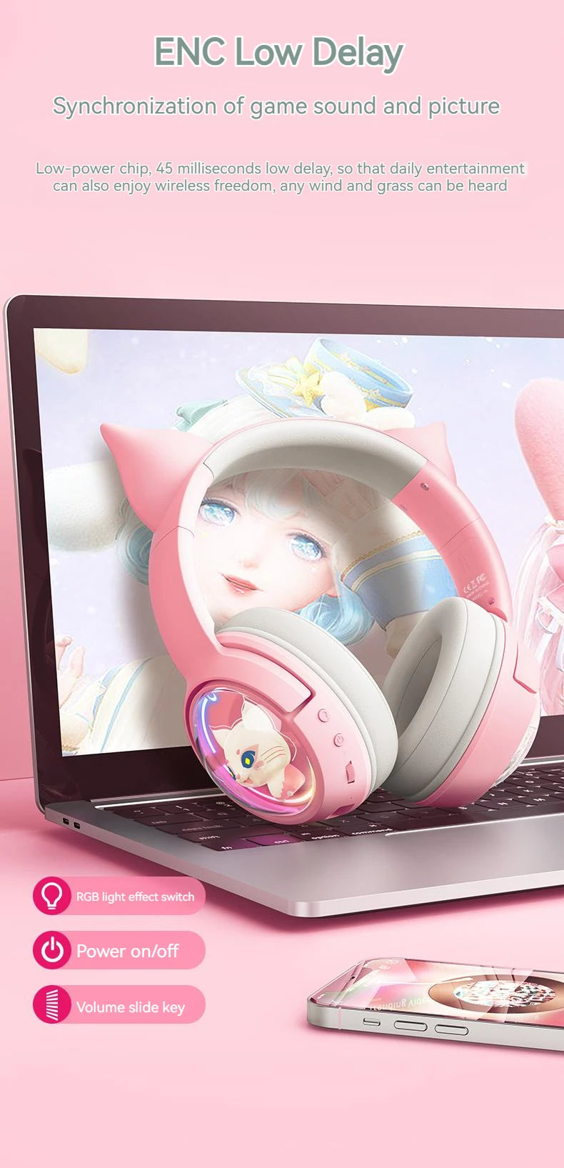 Wireless Cat Ear Gaming Headset | Low Latency Over-Ear Headphones Tidesmit