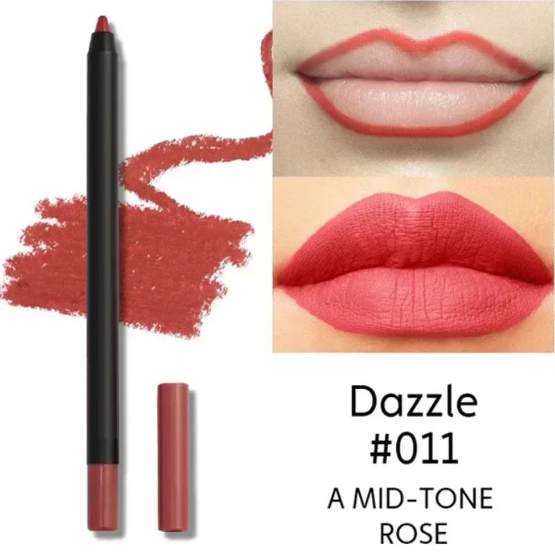 Matte rose lip liner pencil, waterproof and long-lasting, showing swatch and lipstick application on lips.