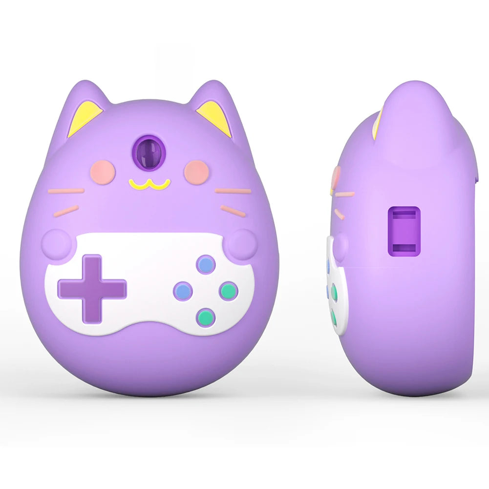Purple cat silicone protective case for Tamagotchi Pix virtual pet, shockproof cover for safe gaming.