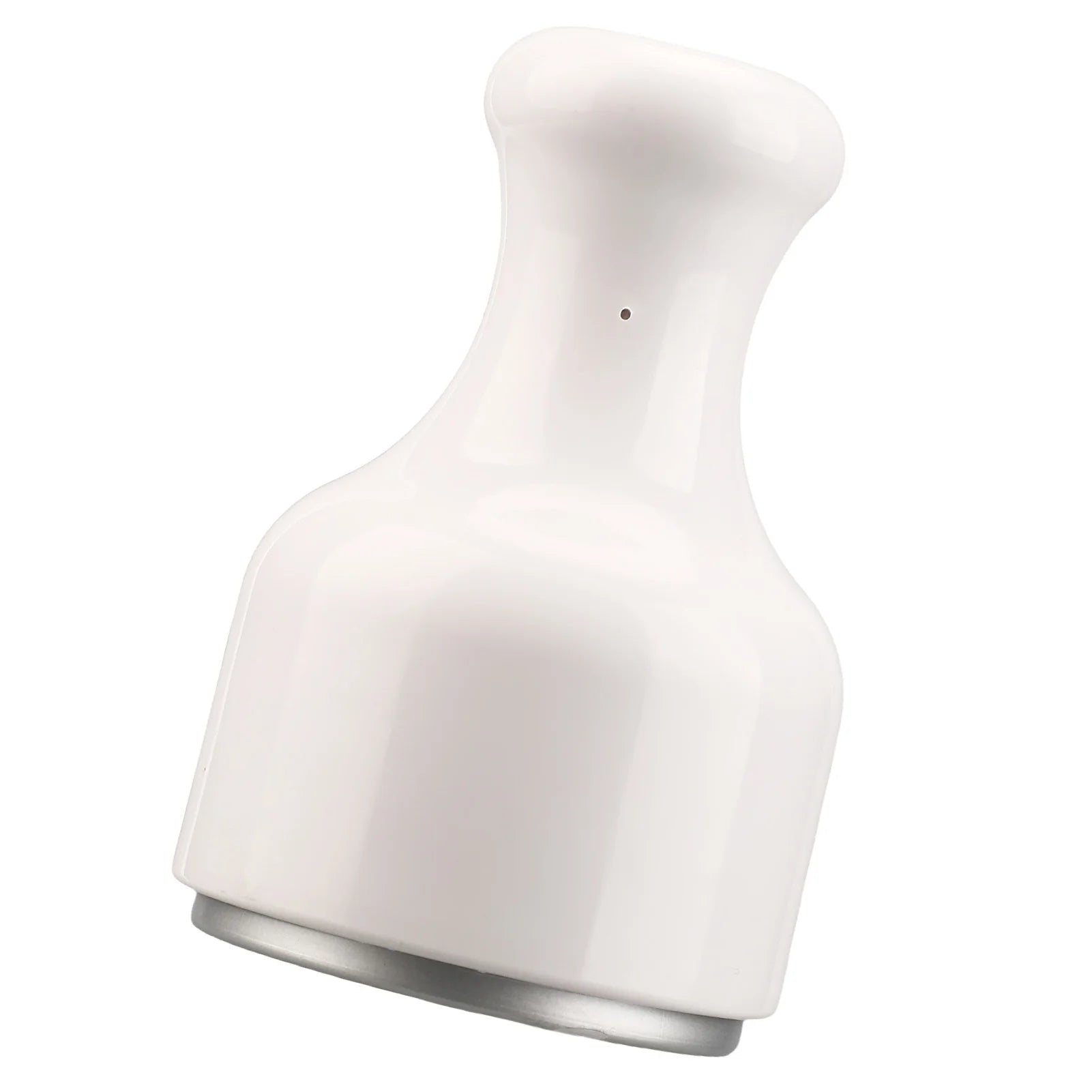 White facial ice massage roller with a smooth ergonomic handle and a flat, silver-toned metal applicator base.