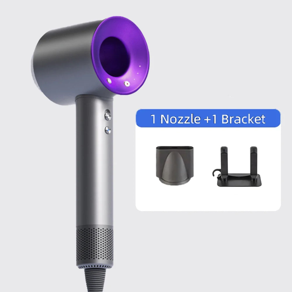 Portable grey negative ion hair dryer with purple accents, nozzle attachment, and stand for fast, silent drying.