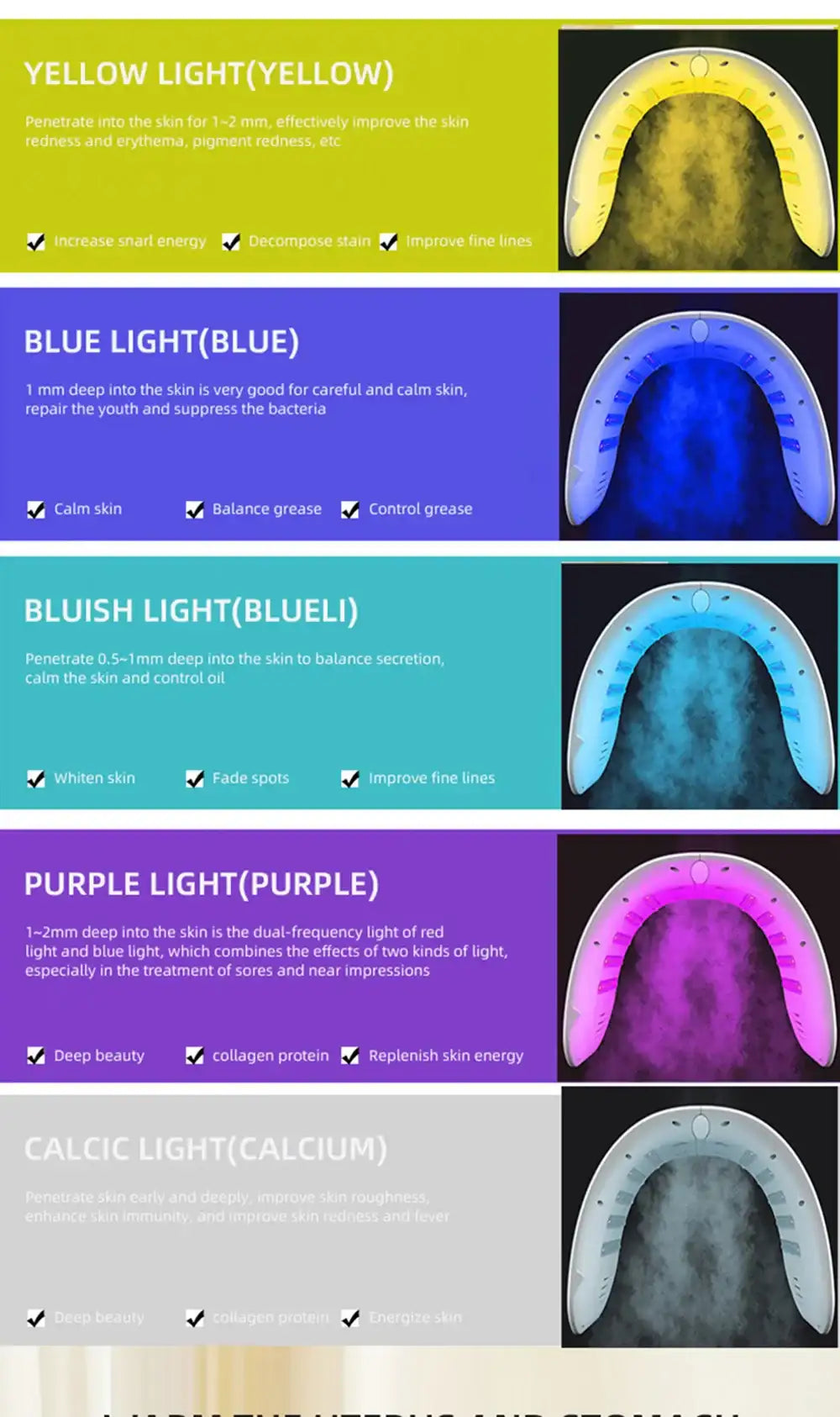 LED facial therapy device with an arched design, showcasing different colored light modes for skin rejuvenation.