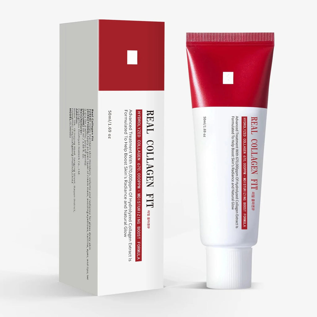 Real Collagen Fit 670,000ppm peel-off facial mask in a red and white squeeze tube for hydrating, glass skin glow.
