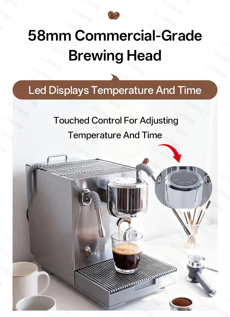 Cafovo stainless steel espresso machine with 58mm commercial-grade brewing head, LED display, and touch controls.