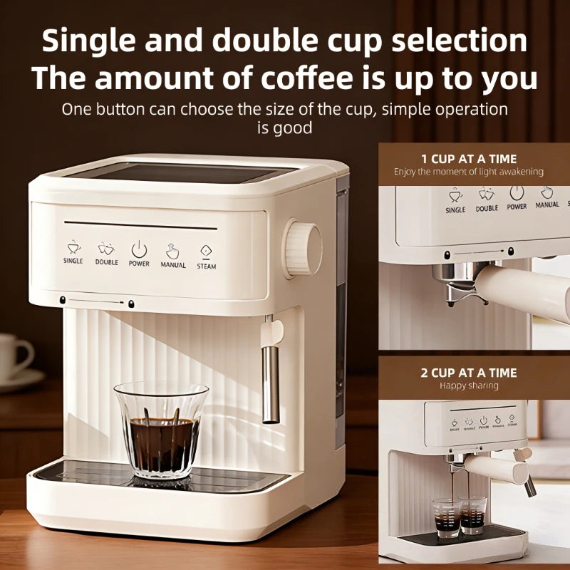 Cream-colored espresso coffee machine with single and double cup settings, steam wand, and sleek modern design.
