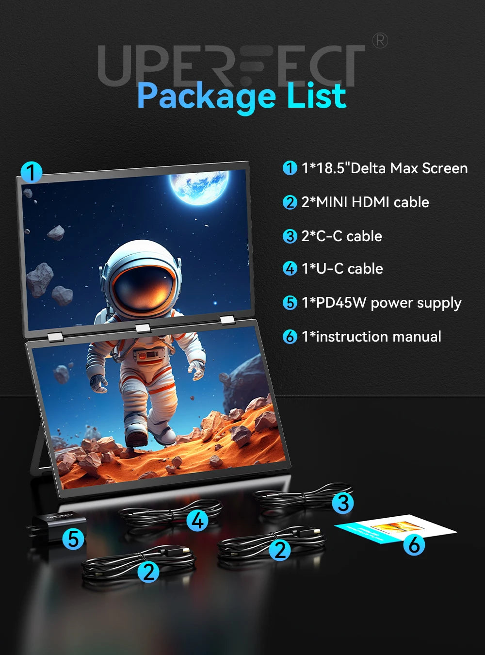 UPERFECT Delta Plus 18.5" 1080P 100Hz Folding Stacked Dual Portable Monitor USB-C HDMI Triple Laptop Screen Extender for PC Mac