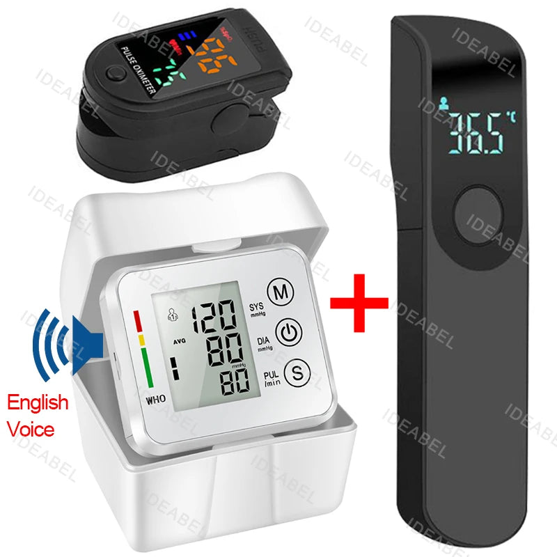 Wrist Blood Pressure Monitor LED English Voice Broadcast Tonometer BP Monitor Non Contact Infrared Medical Thermometer