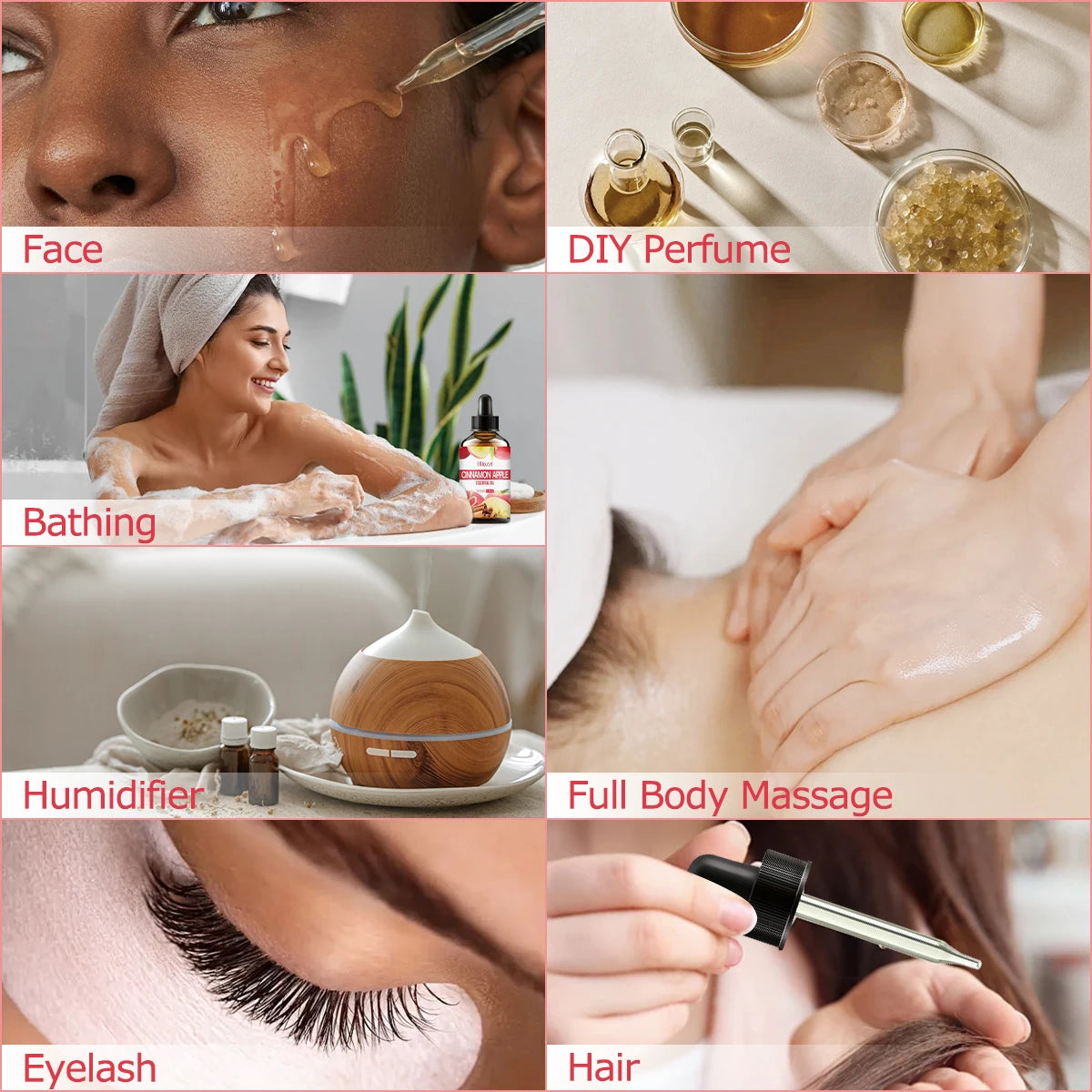 Cinnamon Apple essential oil is suitable for skin care, bath, aromatherapy diffuser, and for use on face, hair, and eyelashes.