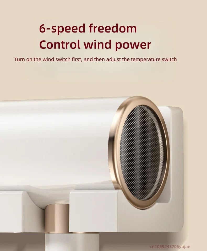 White 2200W wall-mounted hair dryer with gold accents, 6-speed settings, and punch-free mount for hotel or home use.