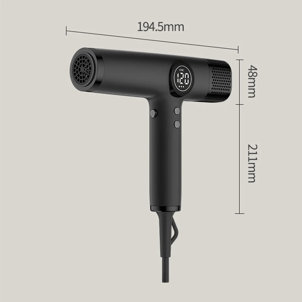 Matte black 1800W professional hair dryer with LED display and powerful 110,000RPM brushless motor, side dimensions.