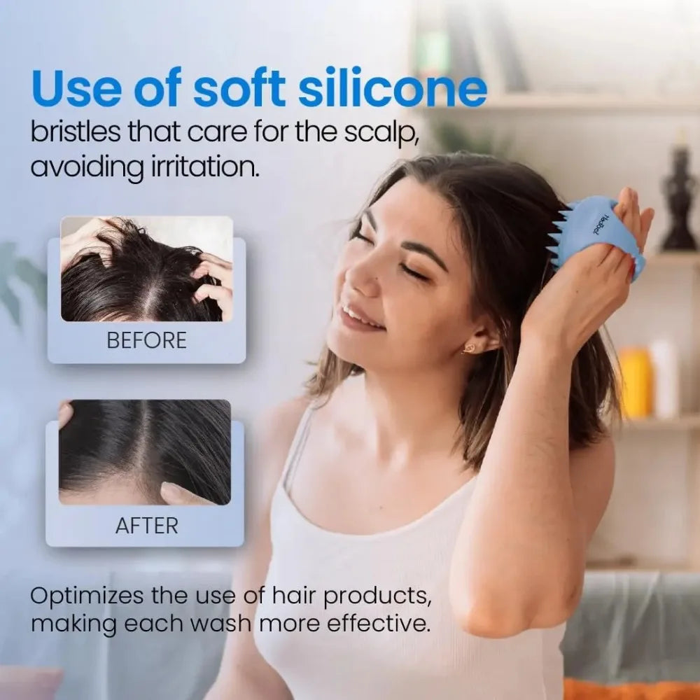A woman using a round, light blue silicone scalp massager brush on her hair, shown with before and after results.
