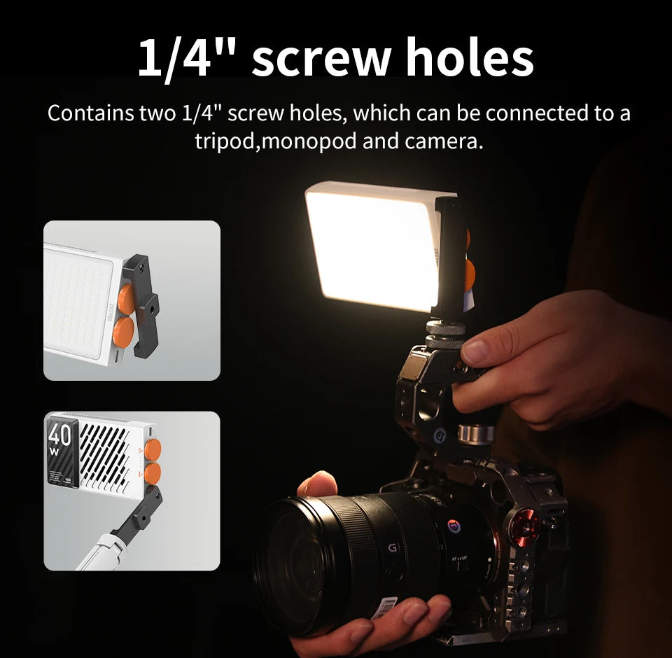 LED video light with two 1/4-inch screw holes for mounting to cameras or tripods, featuring orange control dials.