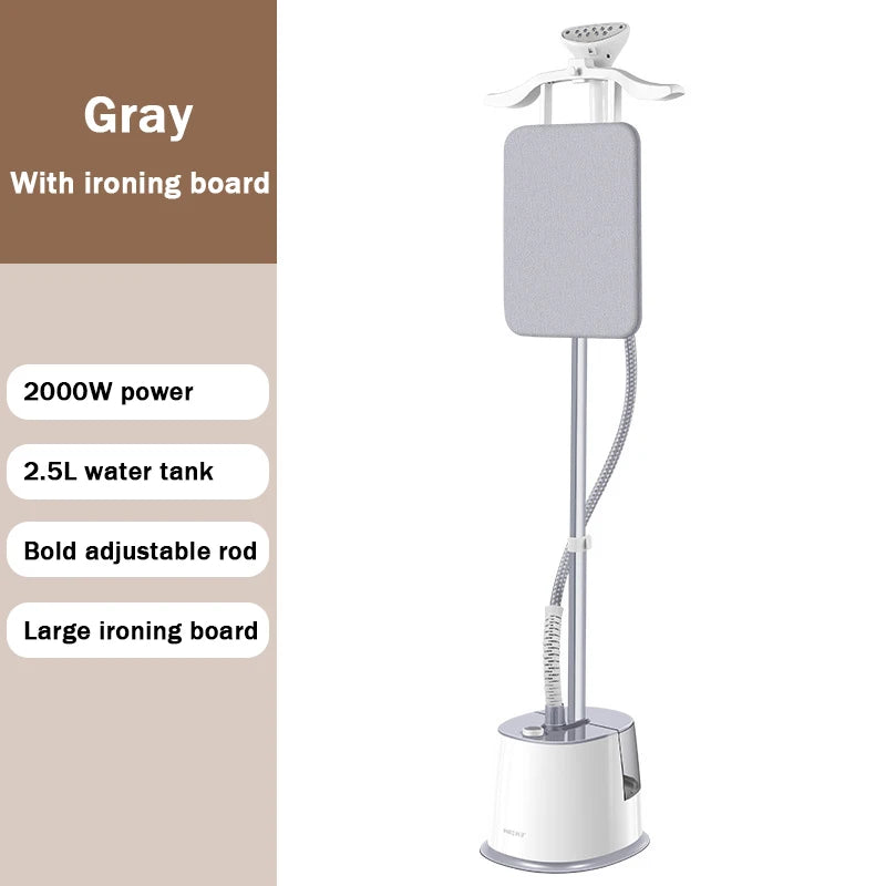 Gray vertical garment steamer with large ironing board and flexible hose