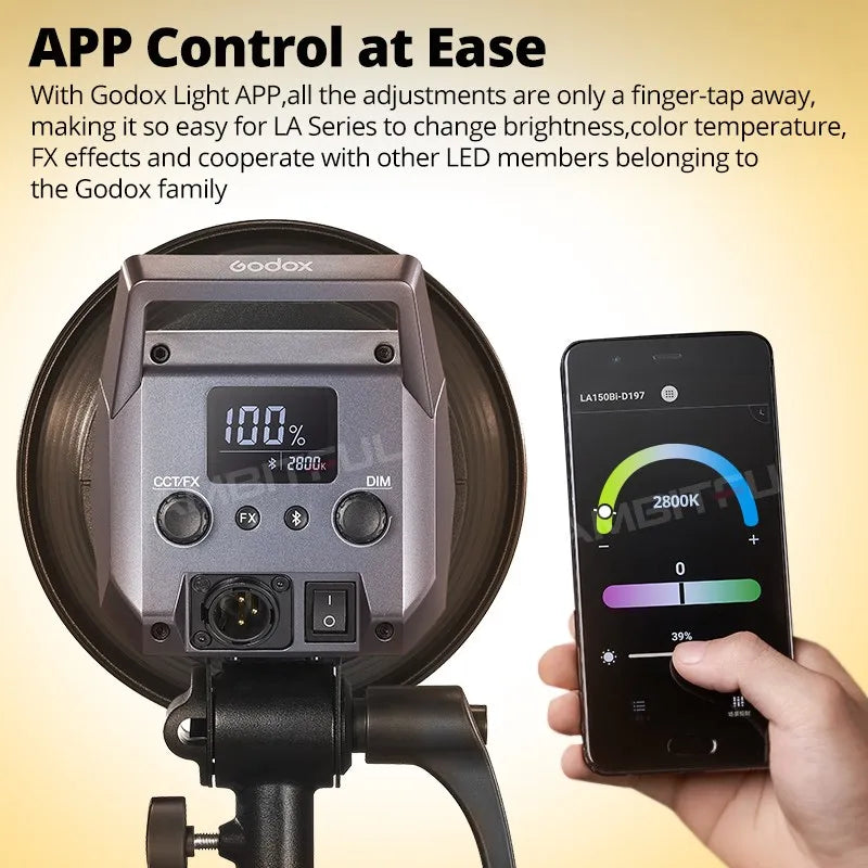 Gray studio LED light with digital display and controls, being adjusted via a smartphone app.